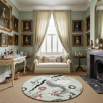 Living room with decorative elements including a floral rug, sofa, and framed pictures.