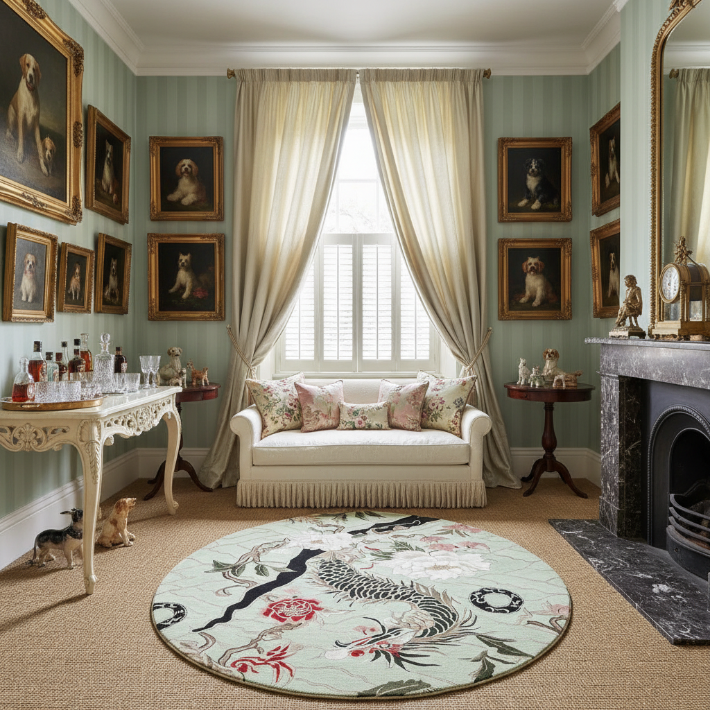 Living room with decorative elements including a floral rug, sofa, and framed pictures.