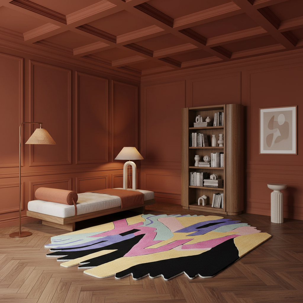 A modern bedroom interior with warm terracotta wood paneling and flooring, featuring a colorful abstract area rug in the foreground, a low bed with white bedding and a rust-orange throw, a wooden floor lamp, a tall bookcase, and a framed abstract print on the wall.