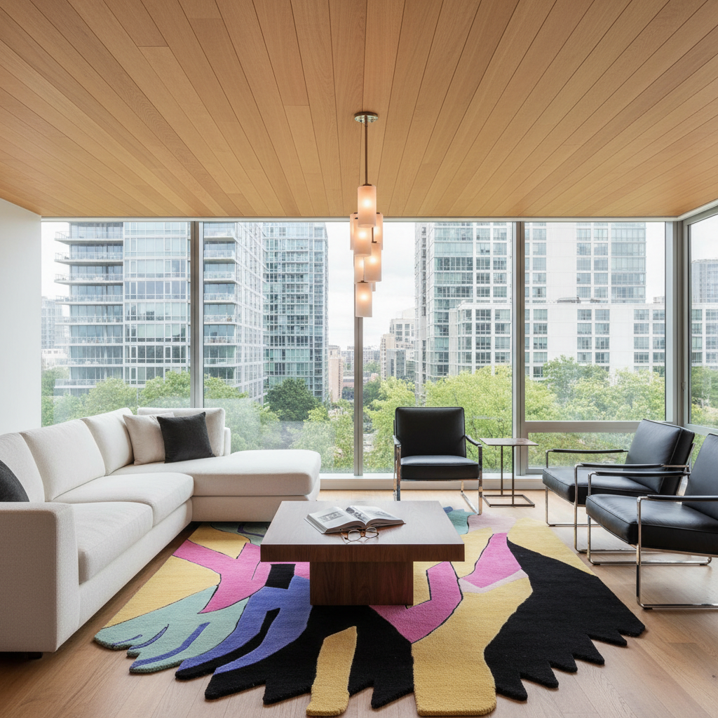 A modern living room with a large white sectional sofa, black leather armchairs, a low wooden coffee table, and a bold multicolor abstract rug. The room has a light wood slatted ceiling, large floor-to-ceiling windows showing a city skyline, and a central pendant light.