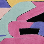 A close-up of a colorful abstract patterned textile or rug with large organic shapes in pink, mint green, lavender, black, yellow, and pale pink outlined in black.