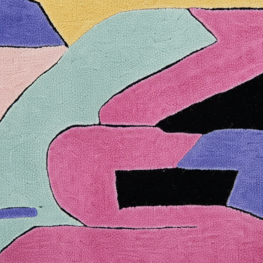 A close-up of a colorful abstract patterned textile or rug with large organic shapes in pink, mint green, lavender, black, yellow, and pale pink outlined in black.