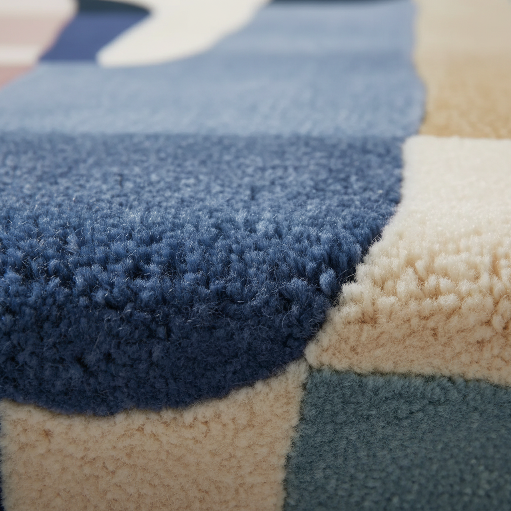 Close-up of a plush, high-pile area rug with a modern abstract geometric pattern in shades of blue, cream, and beige.
