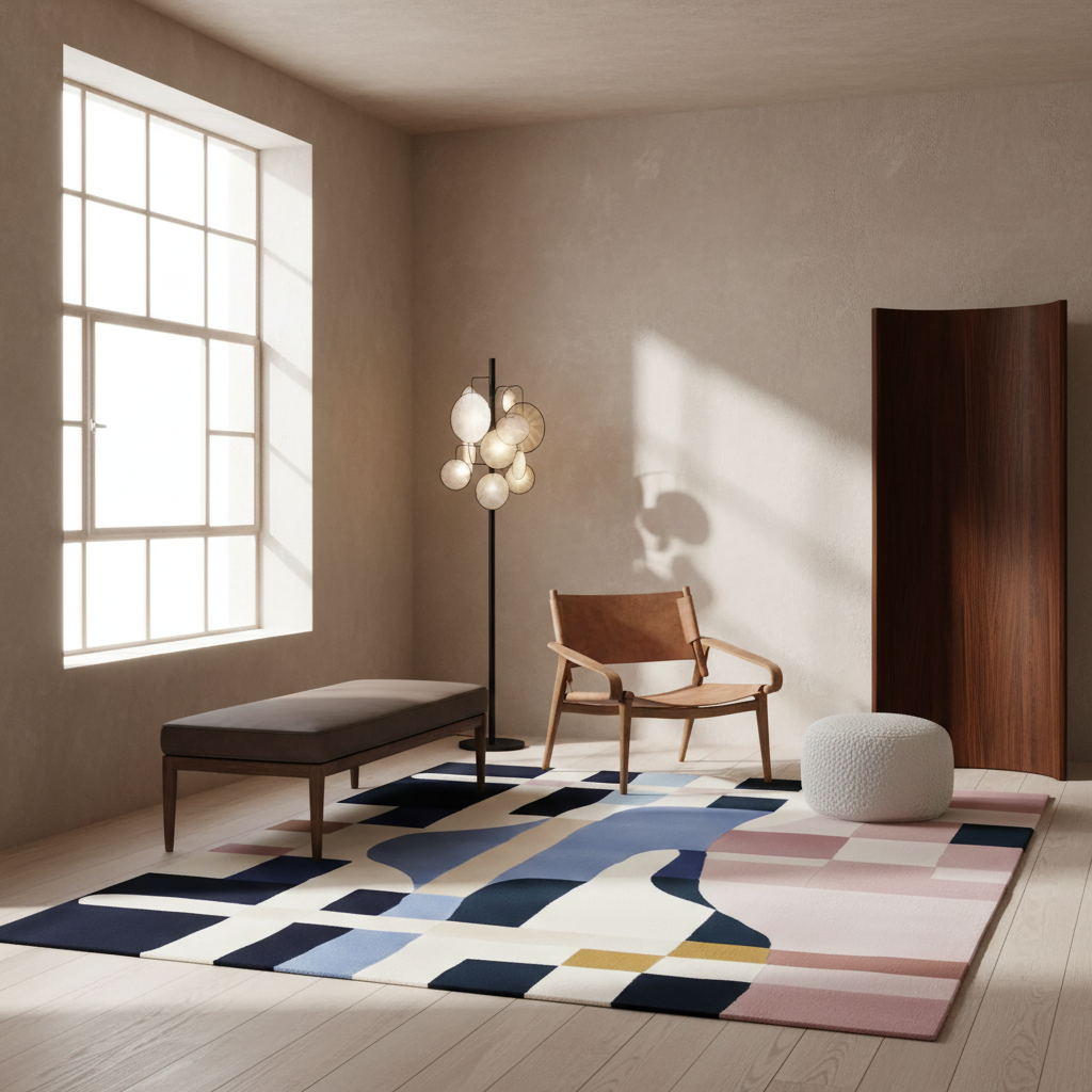 A large area rug with an abstract geometric pattern in navy, blue, pink, beige, and yellow, styled in a modern, sunlit room with a wooden chair, bench, floor lamp, and white pouf.