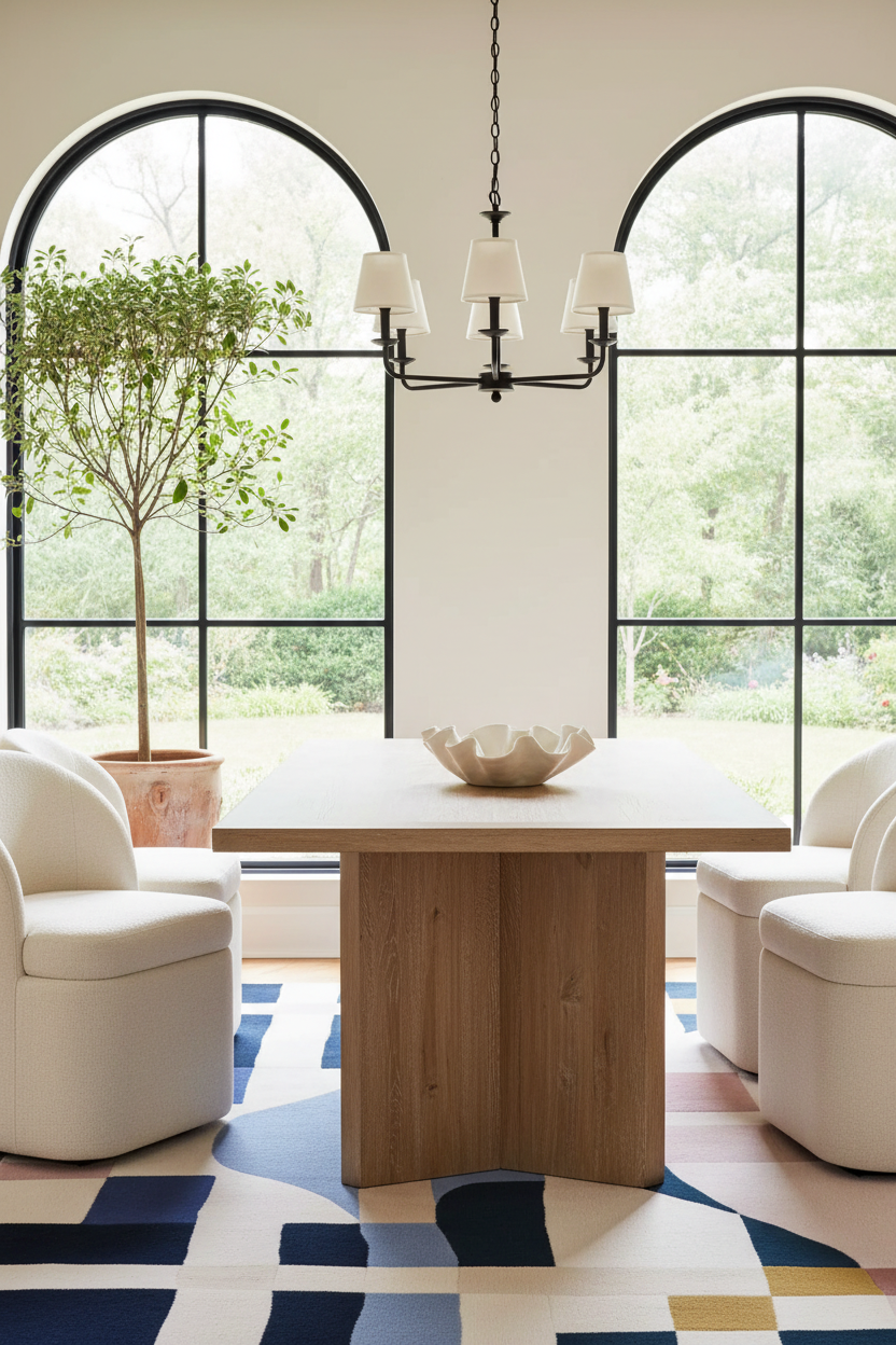 A modern dining room scene featuring a rectangular light oak wood table with a thick block pedestal base, surrounded by cream upholstered chairs. The room is styled with a geometric patterned rug, a black chandelier, and large arched windows looking out to a green garden.