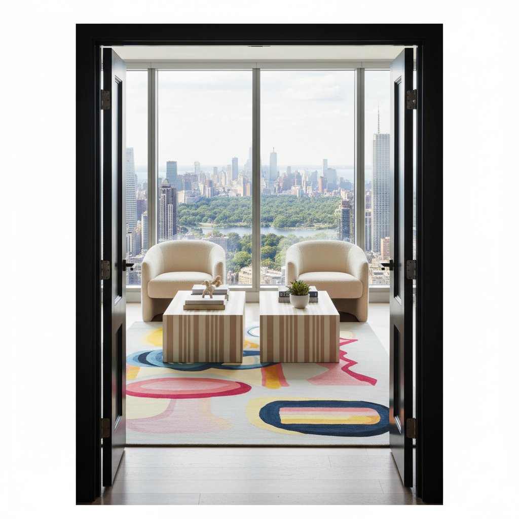 A modern interior scene viewed through open black-framed doors, showing a furnished room with two cream armchairs, two striped coffee tables, a colorful abstract area rug, and a large floor-to-ceiling window overlooking a city skyline and green park.