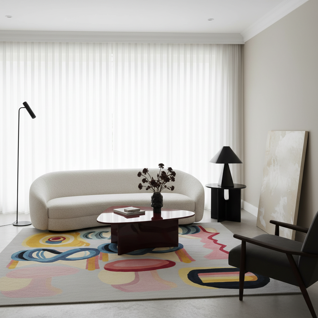 A modern living room featuring a cream-colored curved sofa, a dark wood coffee table, a colorful abstract-patterned area rug, a black floor lamp, and a black armchair in front of sheer white vertical blinds.