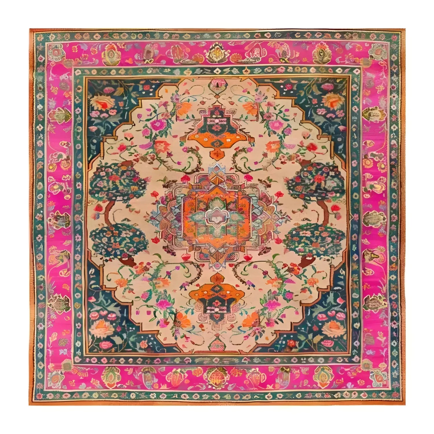 Beautiful hand-knotted area rug featuring a vibrant floral design, perfect for a vintage touch in dining rooms. This square wool rug showcases intricate Persian-inspired patterns with rich colors, making it an ideal formal dining room carpet.