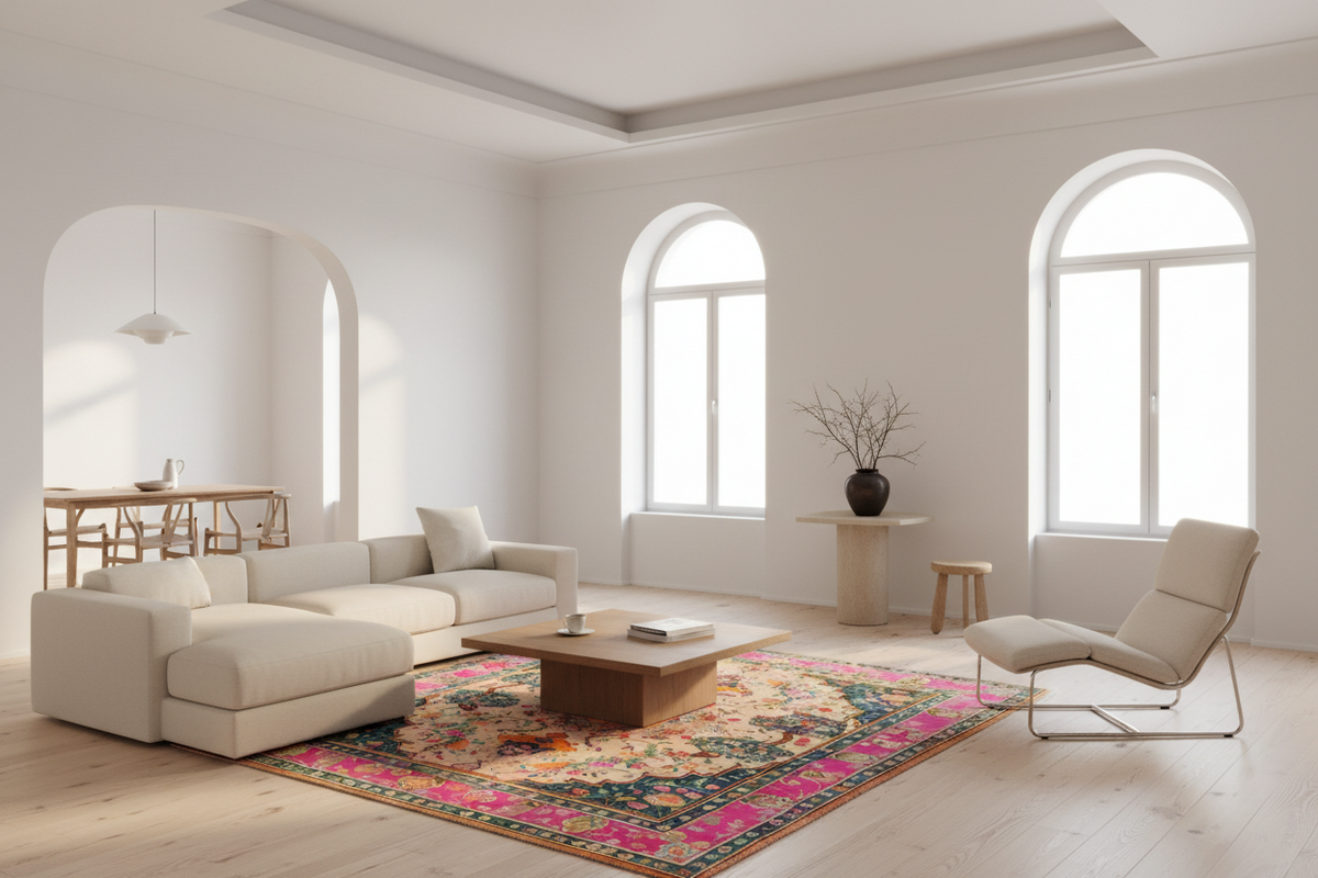 A bright, modern living room with a cream sectional sofa, a matching lounge chair, a wooden coffee table, and a colorful patterned area rug on light wood floors.