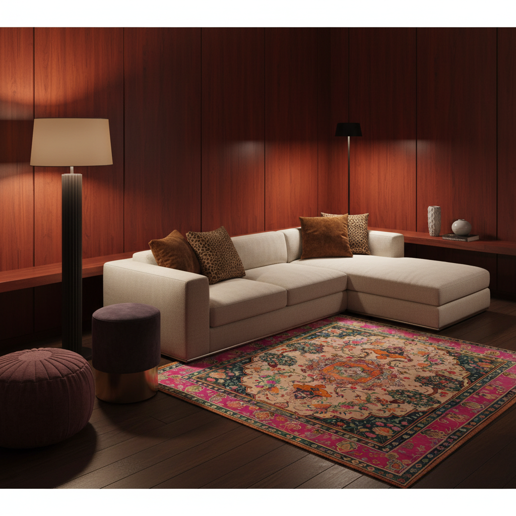 A modern beige sectional sofa with brown and leopard-print pillows in a warm wood-paneled room, styled with a pink and teal patterned area rug, floor lamps, and poufs.