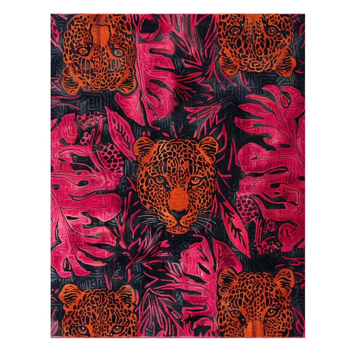 Jungle Chic wool rug with magenta and navy tropical leaves and prowling leopards