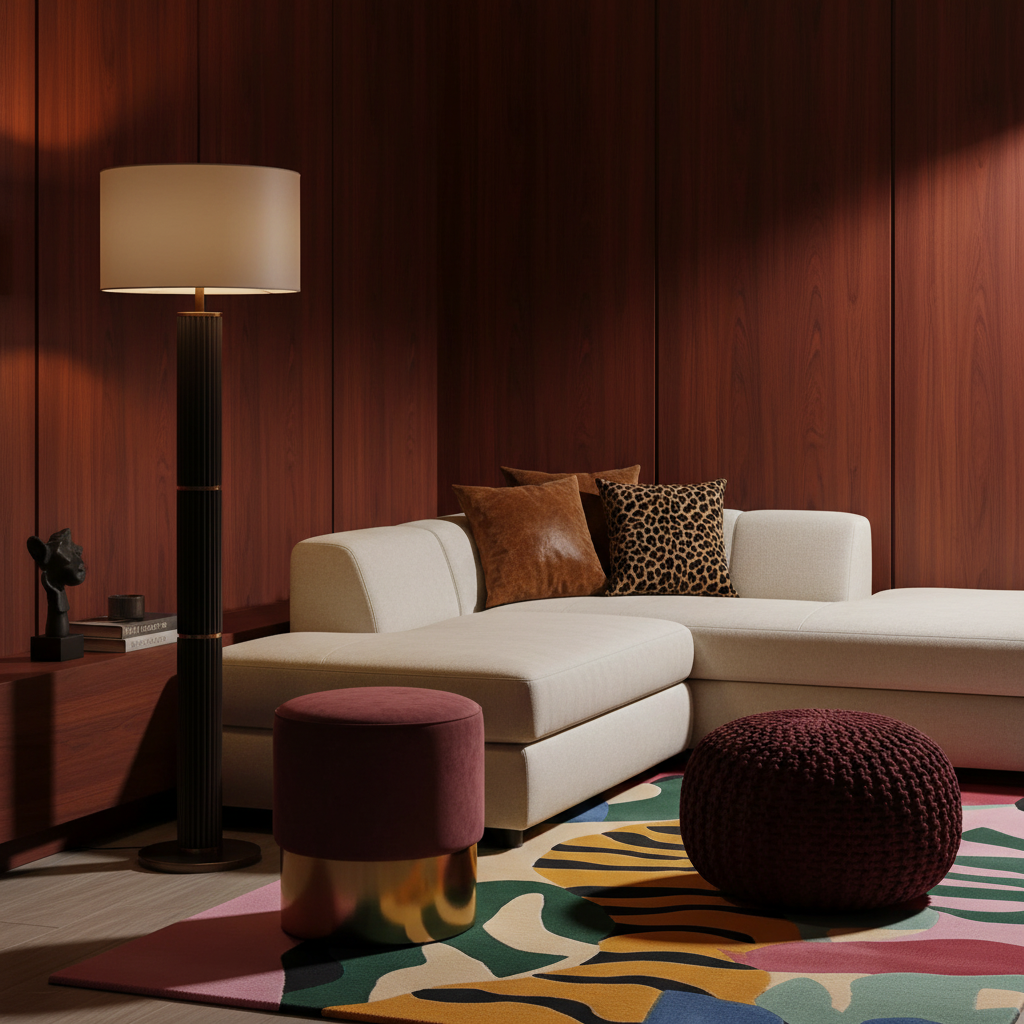 A modern living room corner with a cream sectional sofa, dark wood-paneled walls, a floor lamp, a multicolor patterned rug, and two round ottomans.