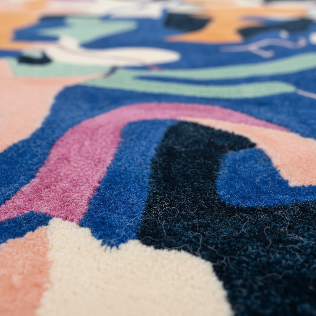 Close-up of a plush area rug with an abstract, organic pattern in shades of blue, pink, cream, orange, and dark navy.