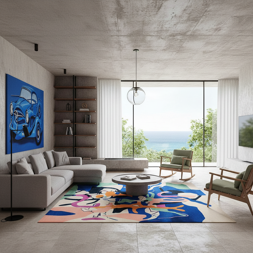 A modern living room with a large abstract multicolor area rug, a light gray sectional sofa, a round coffee table, and two wooden chairs. The room features a concrete ceiling, white curtains, and a large window overlooking the ocean. A blue car artwork hangs on the wall.