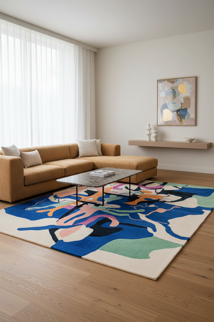 A modern living room featuring a large abstract area rug with blue, pink, green, and beige shapes on a light wood floor. A tan sectional sofa and a glass-top coffee table sit on the rug, with a small wall shelf and framed abstract art on the wall in the background.