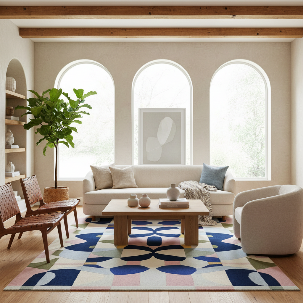 A styled living room interior featuring a large abstract patterned area rug in blue, pink, beige, and white, under a light wood coffee table and a cream sofa. The room has three tall arched windows, a potted fiddle-leaf fig, and a wooden chair on the left.