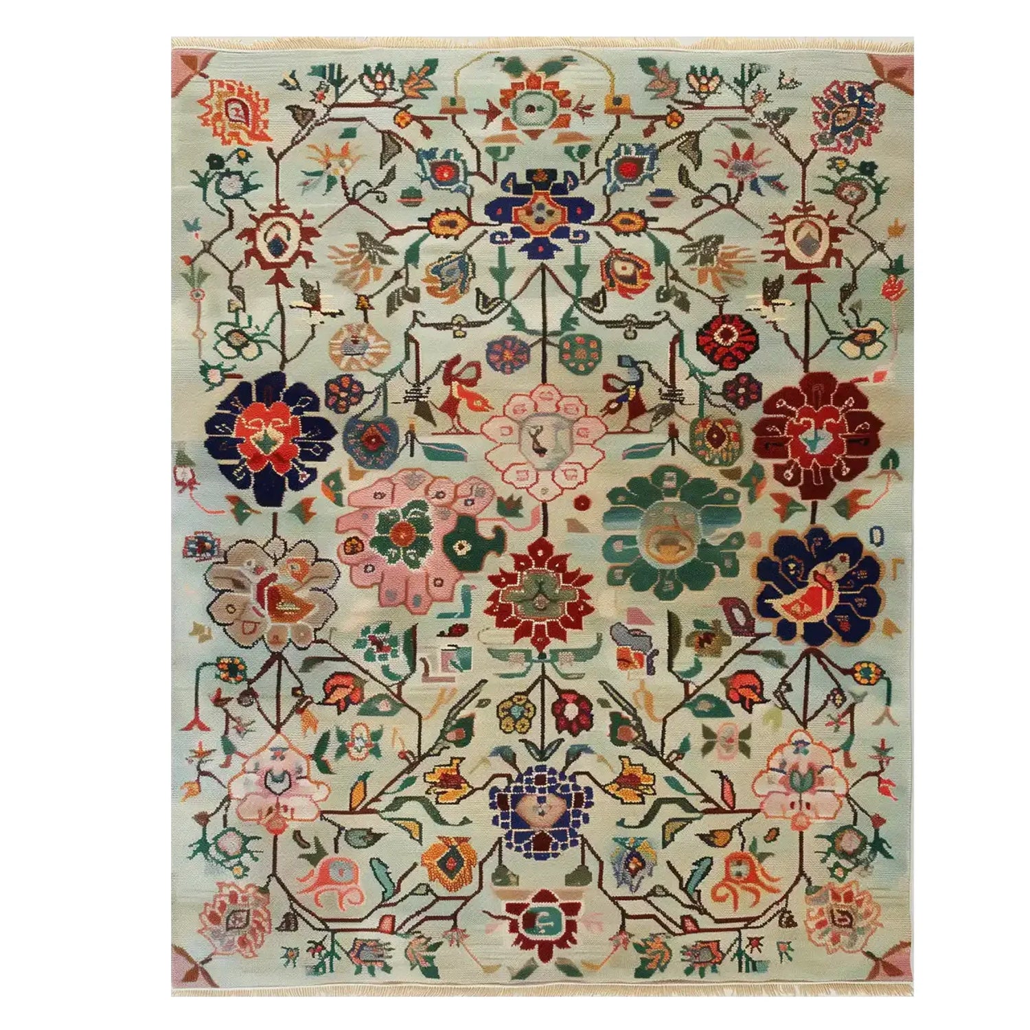 The Kaleidoscope Garden Knotted Wool Rug is a vibrant area rug featuring an intricate floral pattern with colorful blooms and vines. Ideal for large living room spaces, this floral rug adds a touch of elegance and warmth to any home decor.