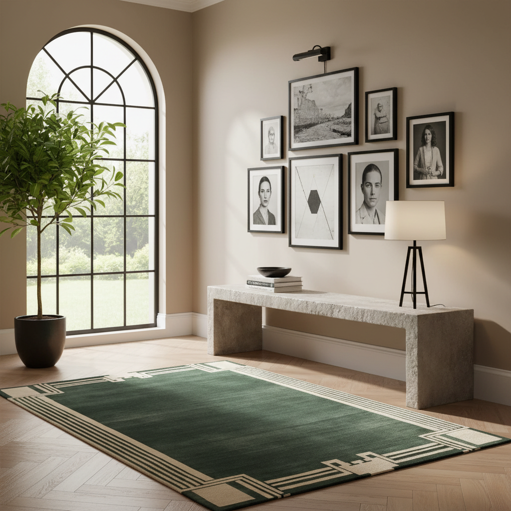 A green rectangular area rug with beige geometric borders is styled in a modern living room setting with a stone bench, wall art, a large arched window, and a potted plant.