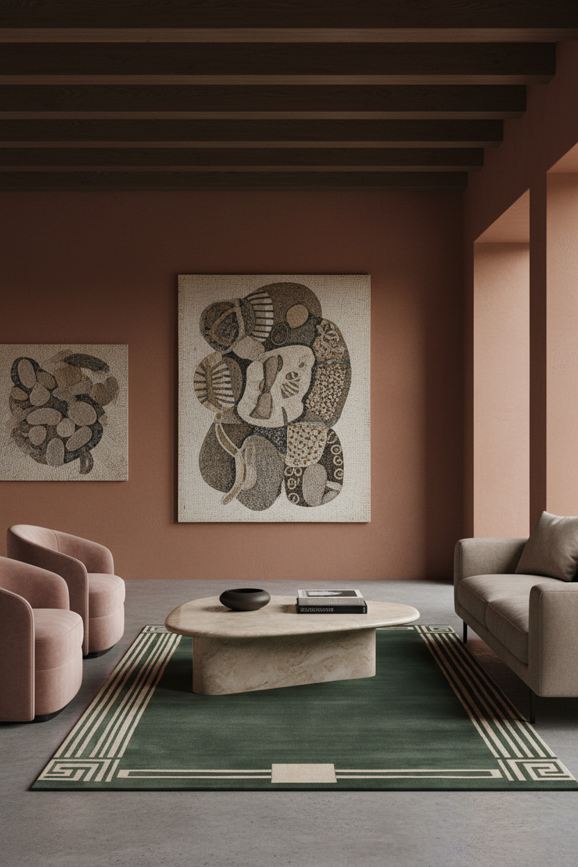 A styled living room interior with terracotta walls, dark wood ceiling beams, a green patterned rug, a stone coffee table, blush pink armchairs, a light sofa, and two large abstract wall art pieces.