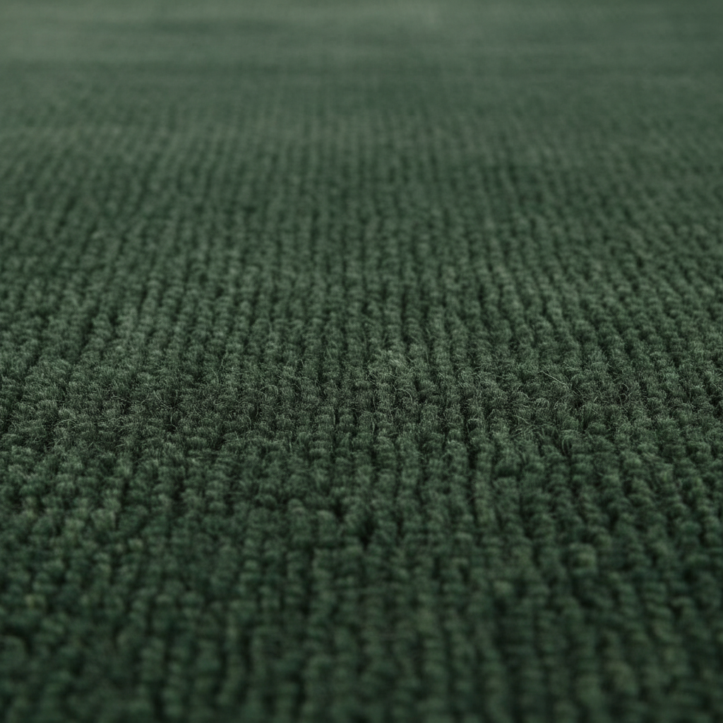 A close-up view of a dark green textured carpet or rug, showing the detailed loop pile texture.