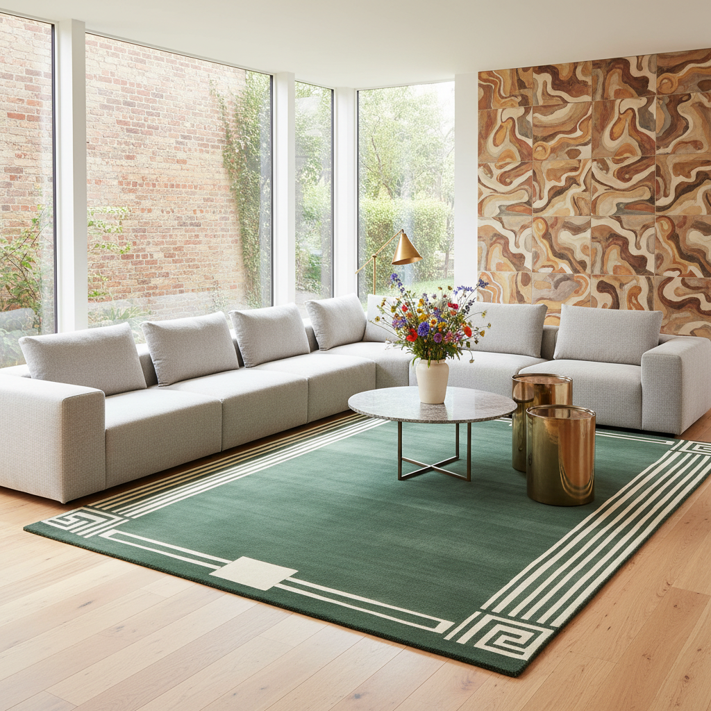A modern living room featuring a large green area rug with white geometric borders, styled with a light gray sectional sofa, a round white coffee table, and metallic gold side tables.
