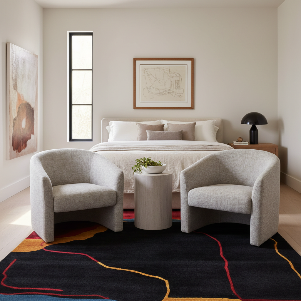 A modern bedroom scene with two light gray upholstered armchairs facing a small round side table, set on a dark abstract area rug. A bed, nightstand, black lamp, framed wall art, and a tall window are visible in the background.