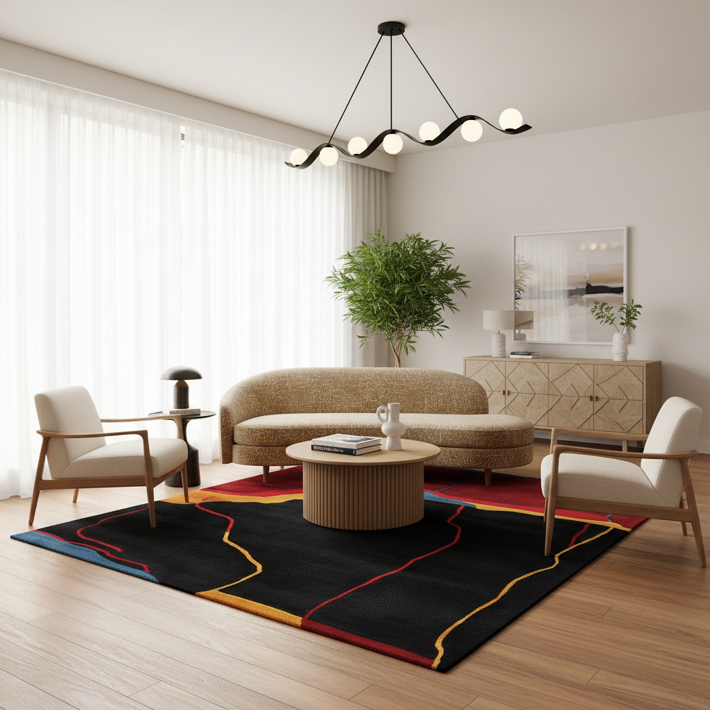 A modern living room featuring a large black area rug with abstract red, yellow, and blue lines, styled with a beige sofa, two white armchairs, a round coffee table, and a black wavy pendant light.