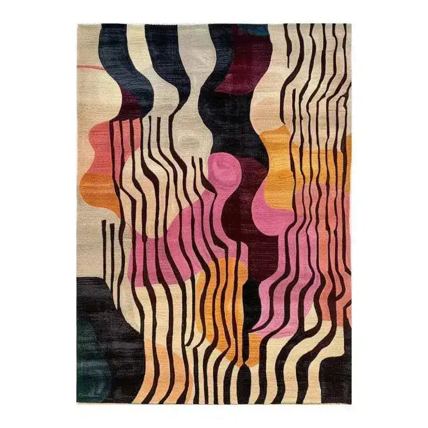 Layered Abstract rug swatch, colorful wavy vertical stripes in cream, black, pink, orange and teal