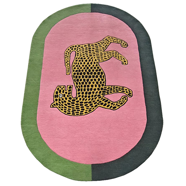 Leopard on Pink Oval Hand Tufted Wool Rug
