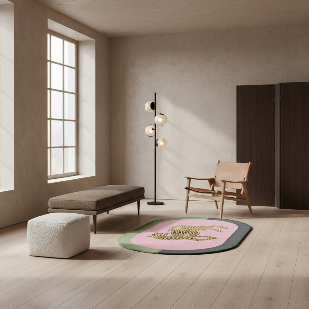 A modern round area rug with a pink center, green border, and a leopard print, styled in a minimalist, warm-toned living room with a wooden chair, ottoman, and floor lamp.