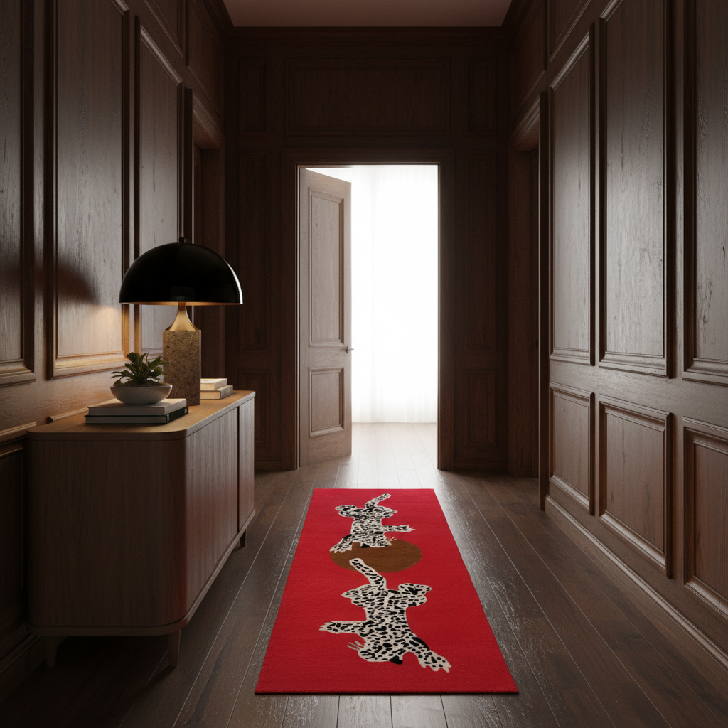 Leopards on Silky Road Hand Tufted Wool Rug Runner - Red
