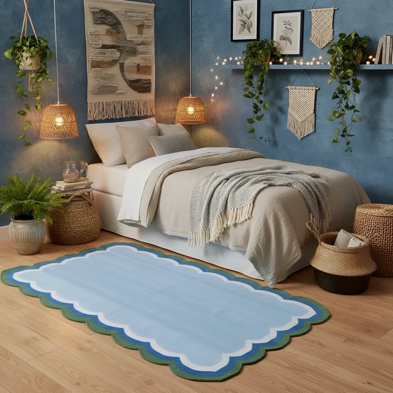 Light Blue Handmade Reversible Cotton Scalloped Rug 3' x 5'