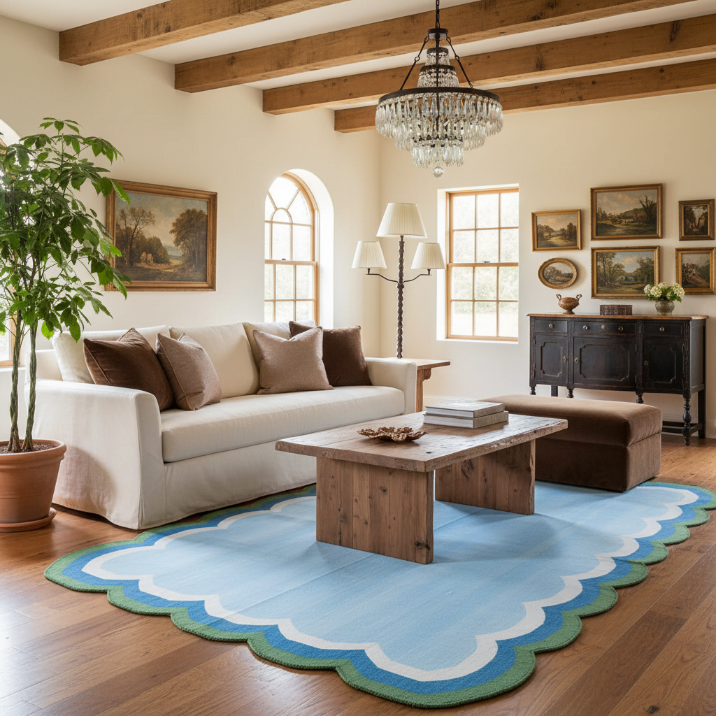 Light Blue Handmade Reversible Cotton Scalloped Rug 3' x 5'