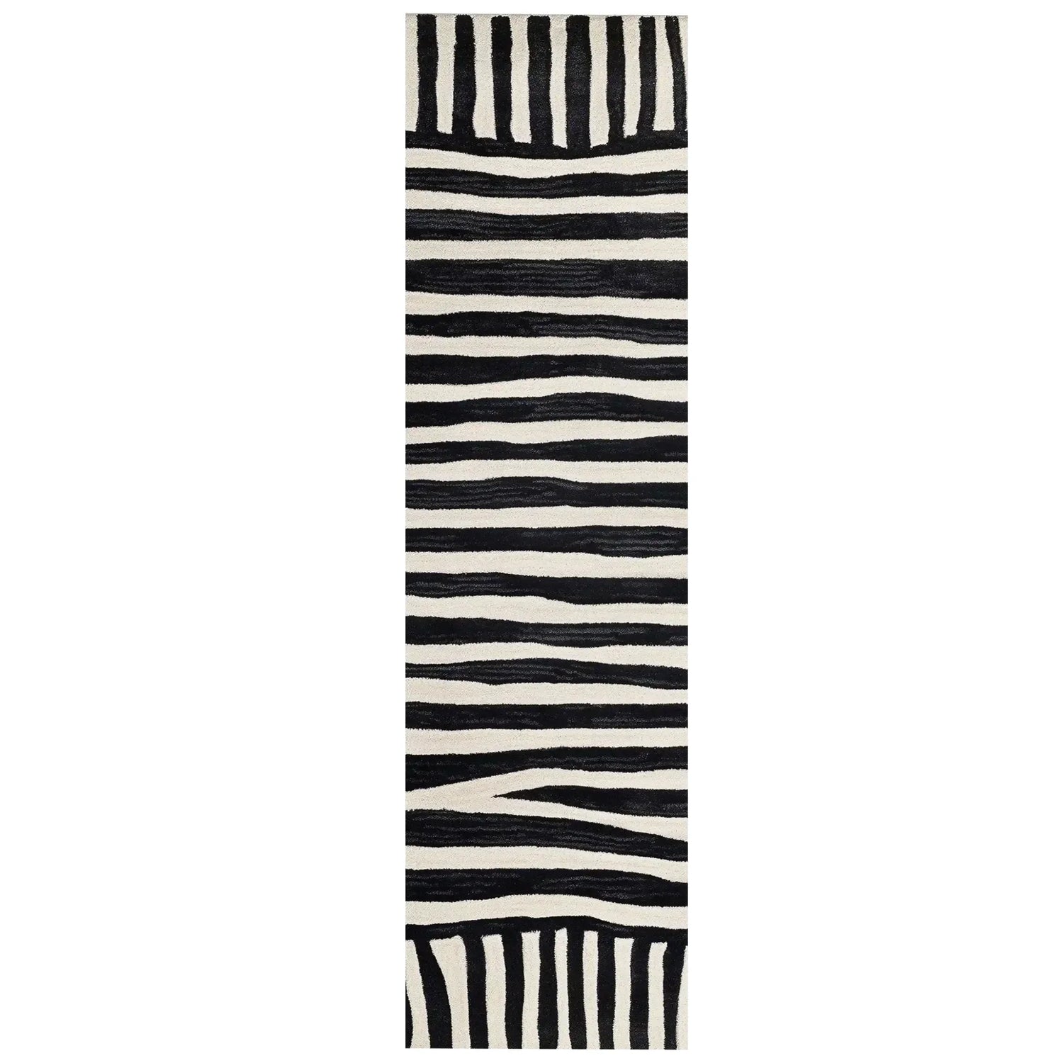 Top view of the Light Surge Hand Tufted Wool Runner Rug featuring a striking black and white abstract pattern. Perfect for adding a contemporary touch to kitchens, hallways, or bathrooms, this wool rug combines style and functionality.