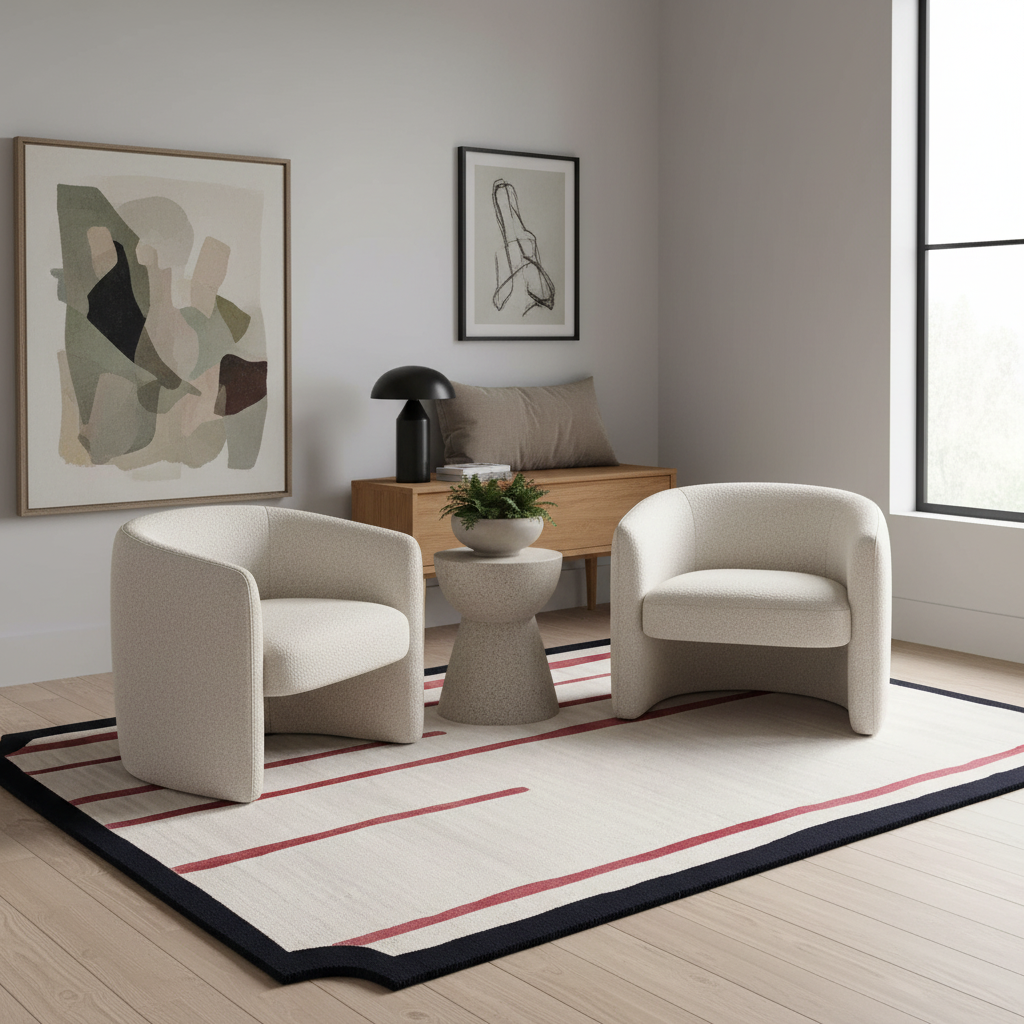 A styled interior scene showing two cream upholstered armchairs arranged around a small round side table on a patterned rug, with framed wall art, a wooden console, and a window in a real room setting.