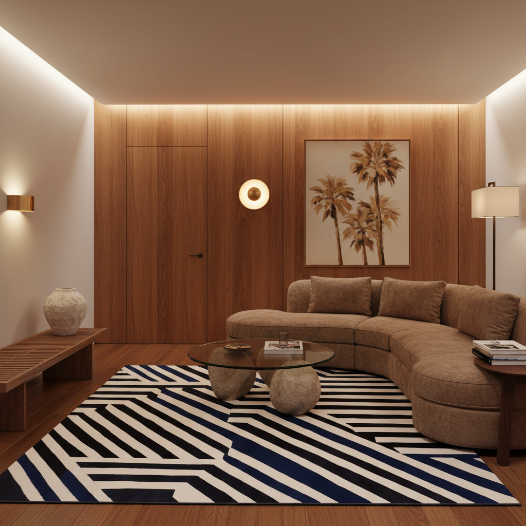 A modern living room featuring a curved taupe sectional sofa, a bold black and white striped area rug, a glass-top coffee table with stone bases, and a warm wood-paneled wall with a palm tree artwork.