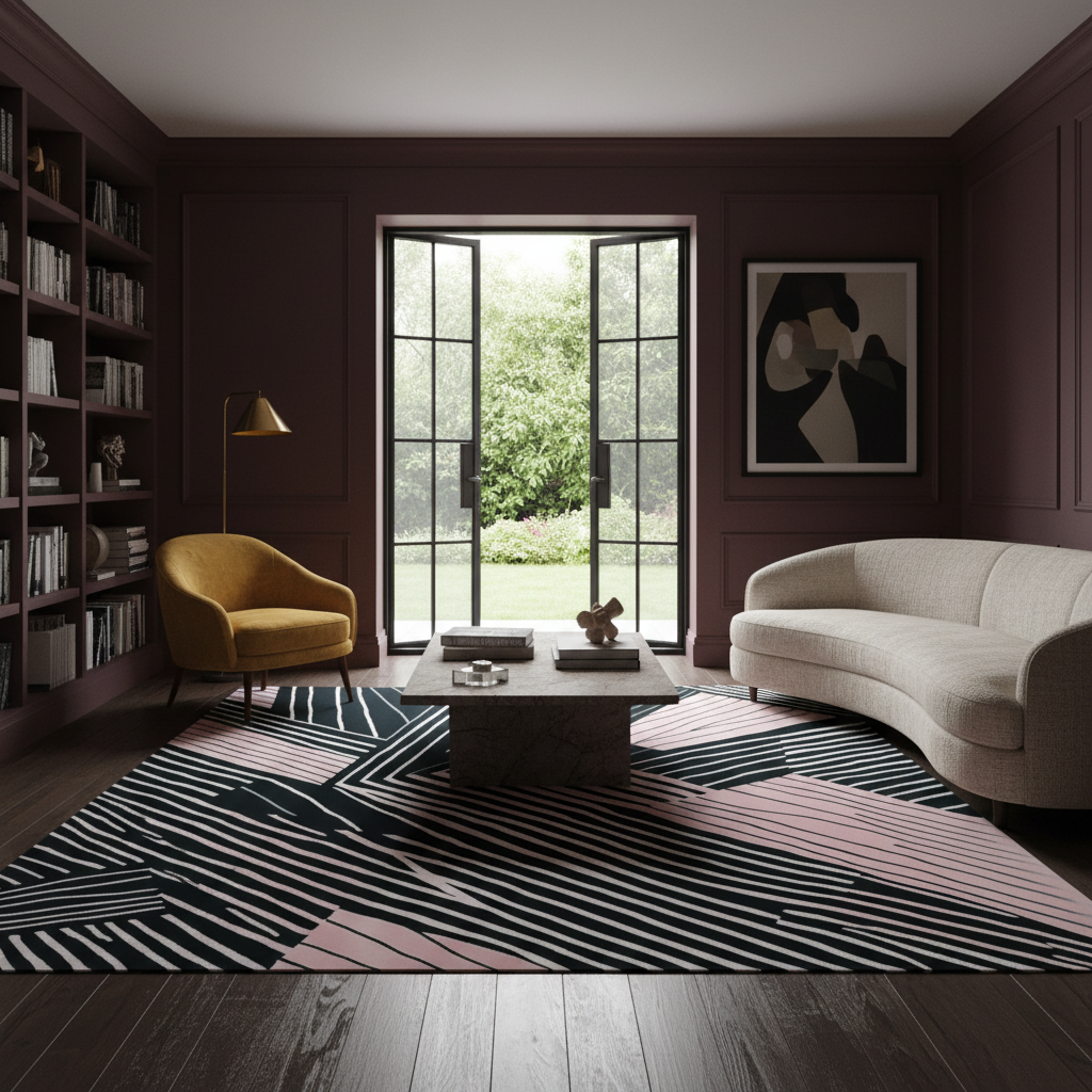 A styled interior room with dark burgundy walls, a curved cream sofa, a mustard yellow armchair, a low stone coffee table, a large black, white, and pink geometric area rug, bookshelves, and open French doors looking out to a garden.