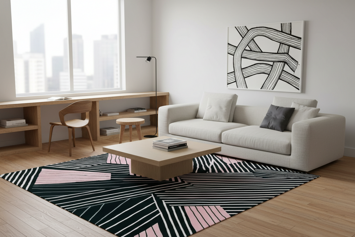 A modern living room featuring a large black, white, and pink geometric patterned area rug on a light wood floor. The room includes a white sofa with accent pillows, a light wood coffee table, a built-in wooden desk and chair by a large window, and a black and white abstract canvas print on the wall.