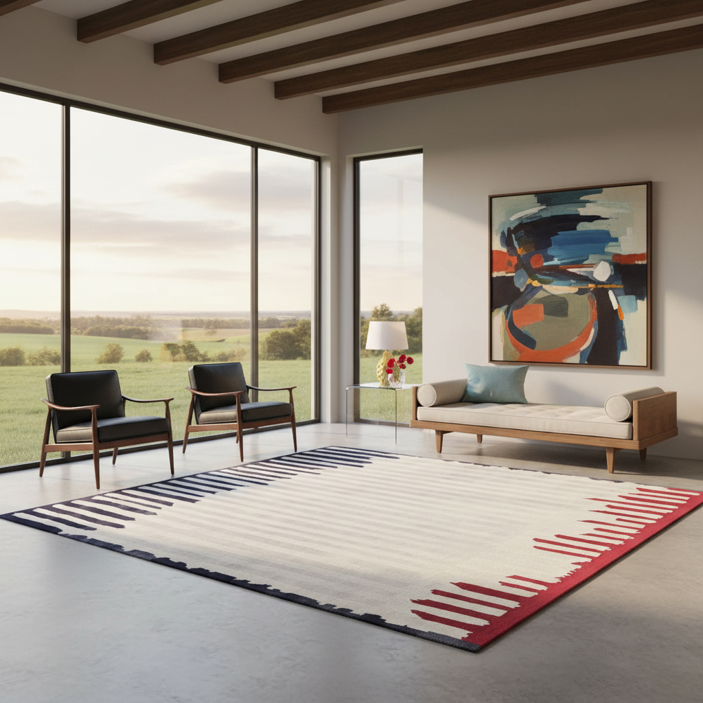 A large modern area rug with white stripes, navy blue abstract ends, and red geometric accents, styled in a bright, contemporary living room with a daybed, armchairs, and a large abstract painting on the wall.