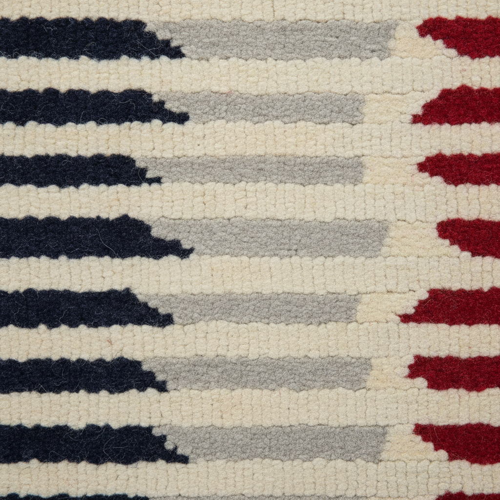 Close-up of a woven textile pattern with horizontal stripes in cream, light gray, dark navy, and red.