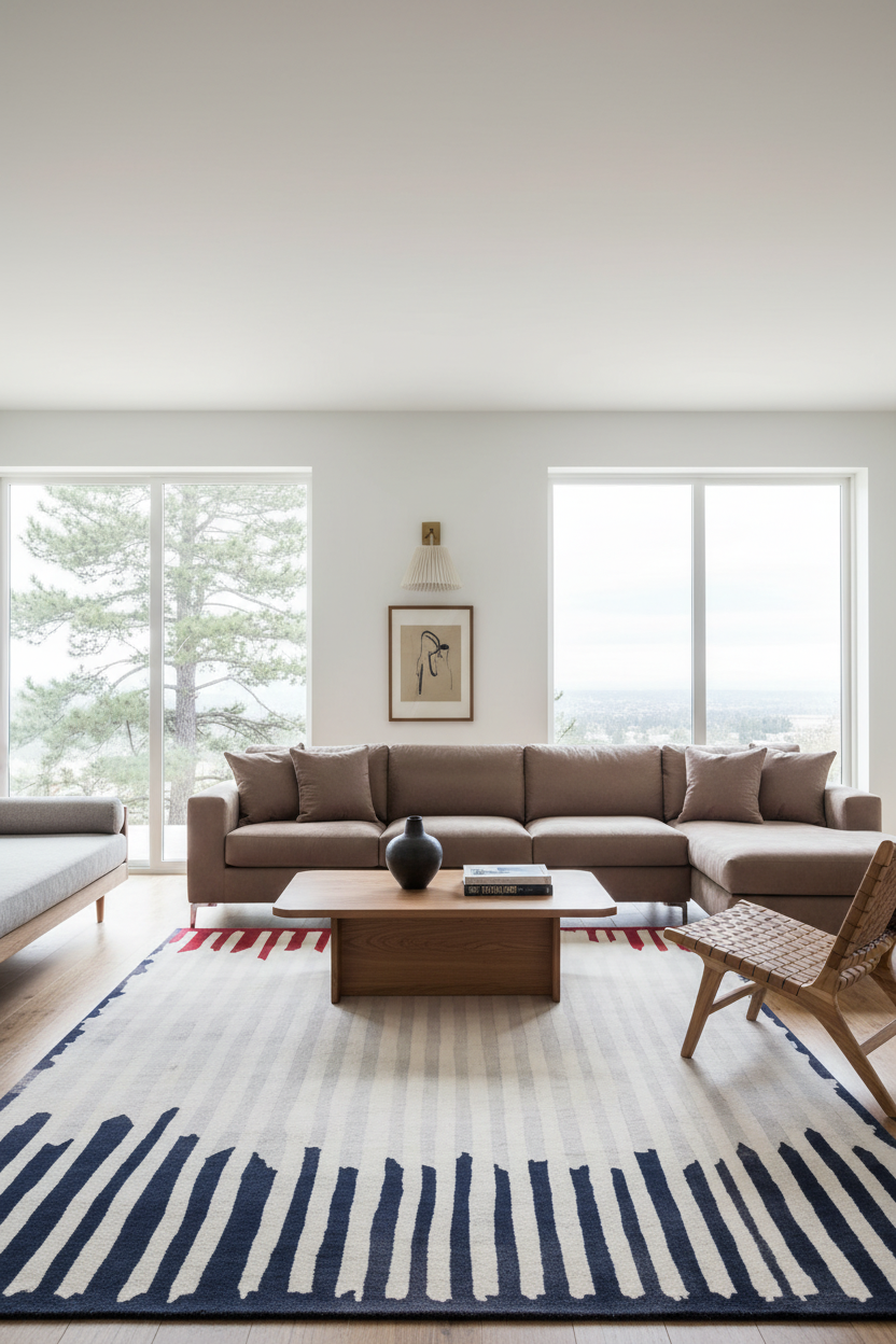 A modern living room featuring a large brown sectional sofa, a striped navy and cream area rug, a wooden coffee table, and a woven accent chair, with large windows in the background.