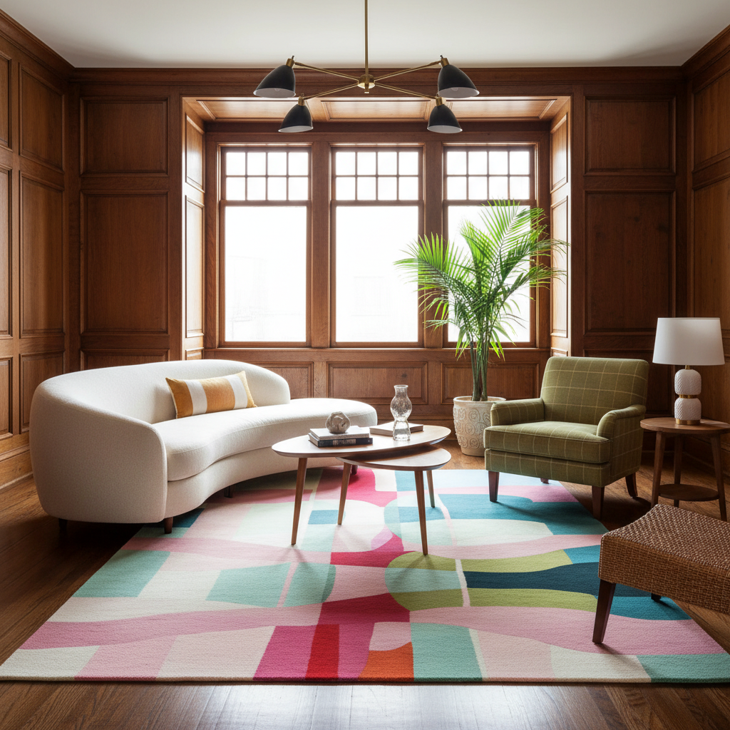 A modern living room scene with a large colorful area rug featuring pink, teal, green, and orange geometric blocks. The room includes a curved white sofa, a green armchair, wooden coffee tables, a potted palm, and wood-paneled walls.