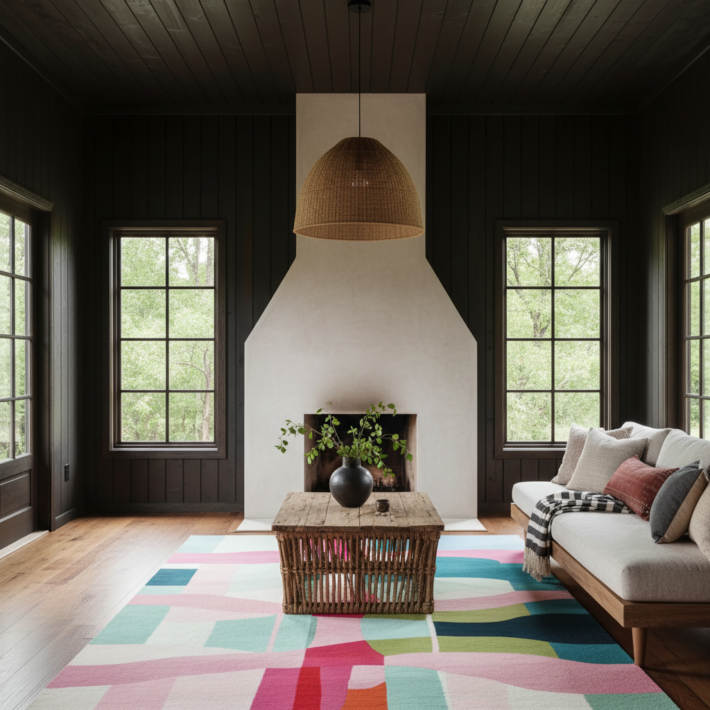 A styled living room interior featuring a large abstract multicolor area rug, a woven rattan pendant light, a wicker coffee table, a white upholstered sofa with colorful pillows, and a white chimney breast against dark wood-paneled walls.