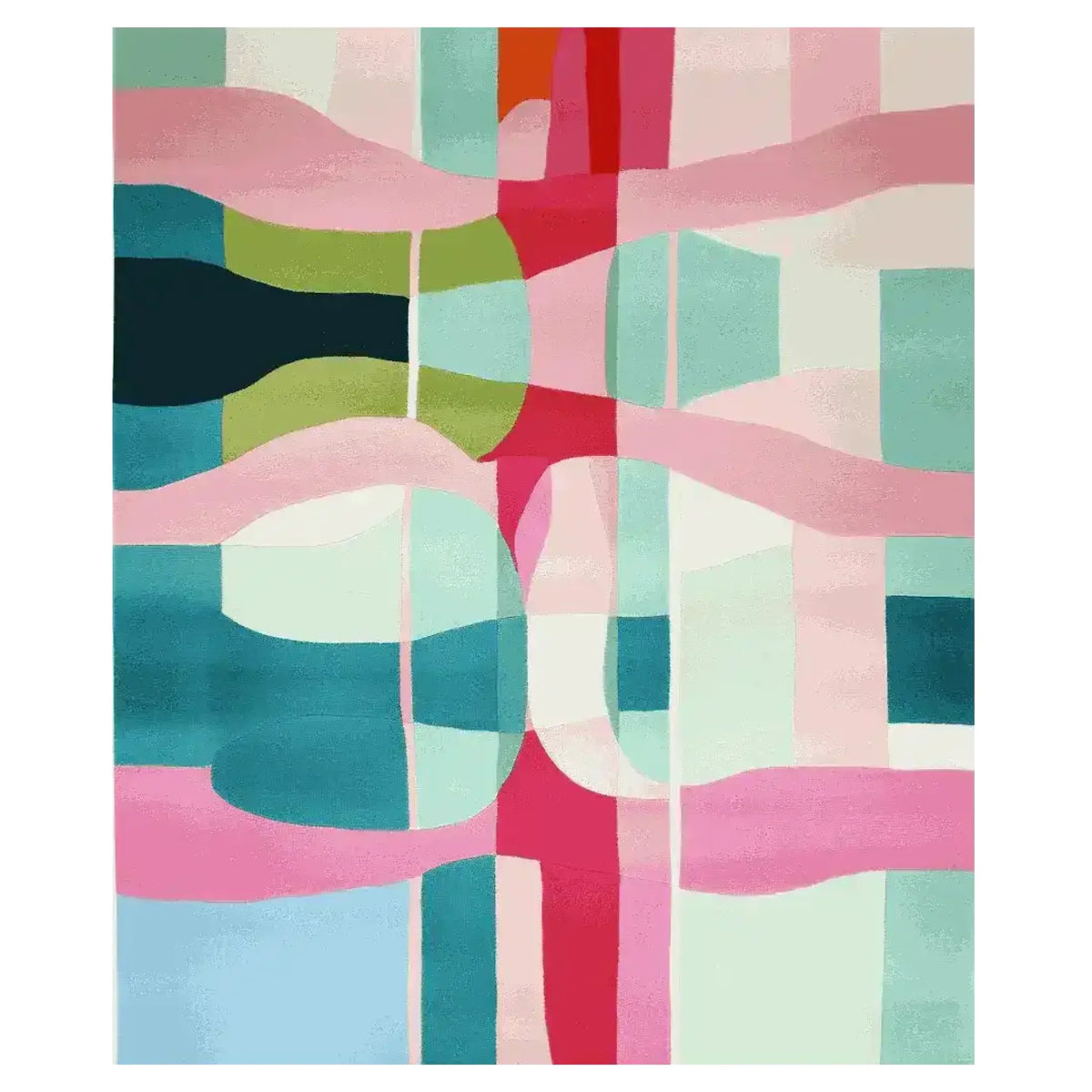 Liquid Geometry Waltz rug swatch with pink, teal and cream geometric color-block bands