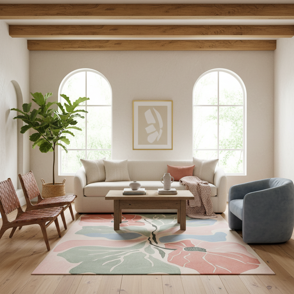 A styled living room interior featuring a cream sofa, a wooden coffee table, a blue armchair, a large potted plant, and a colorful floral area rug on a light wood floor. Two tall arched windows are visible in the background.