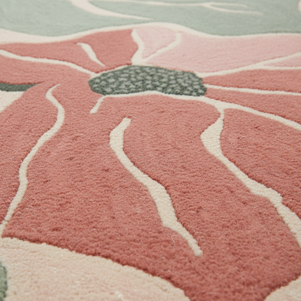 Close-up of a plush area rug with a stylized floral pattern in dusty pink, cream, and sage green.