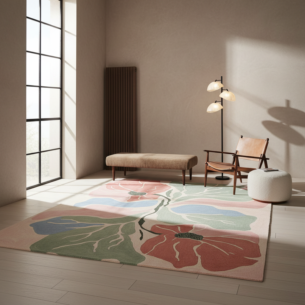 A large area rug with a stylized floral pattern in muted pink, green, and terracotta tones, styled in a modern minimalist living room with a wooden chair, floor lamp, and white pouf.