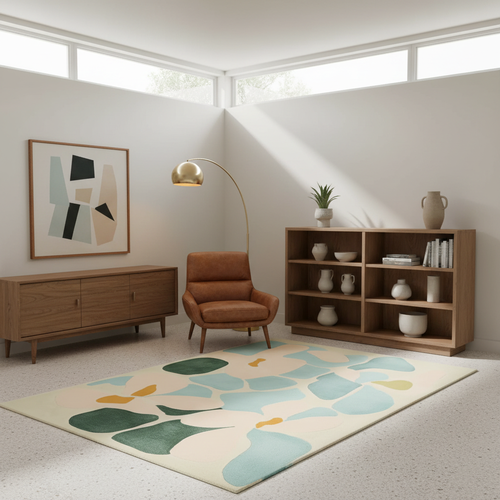 A styled mid-century modern living room featuring a large abstract pattern area rug in cream, teal, and olive green, alongside a brown leather armchair, a wooden credenza, a floor lamp, and a wooden bookshelf.