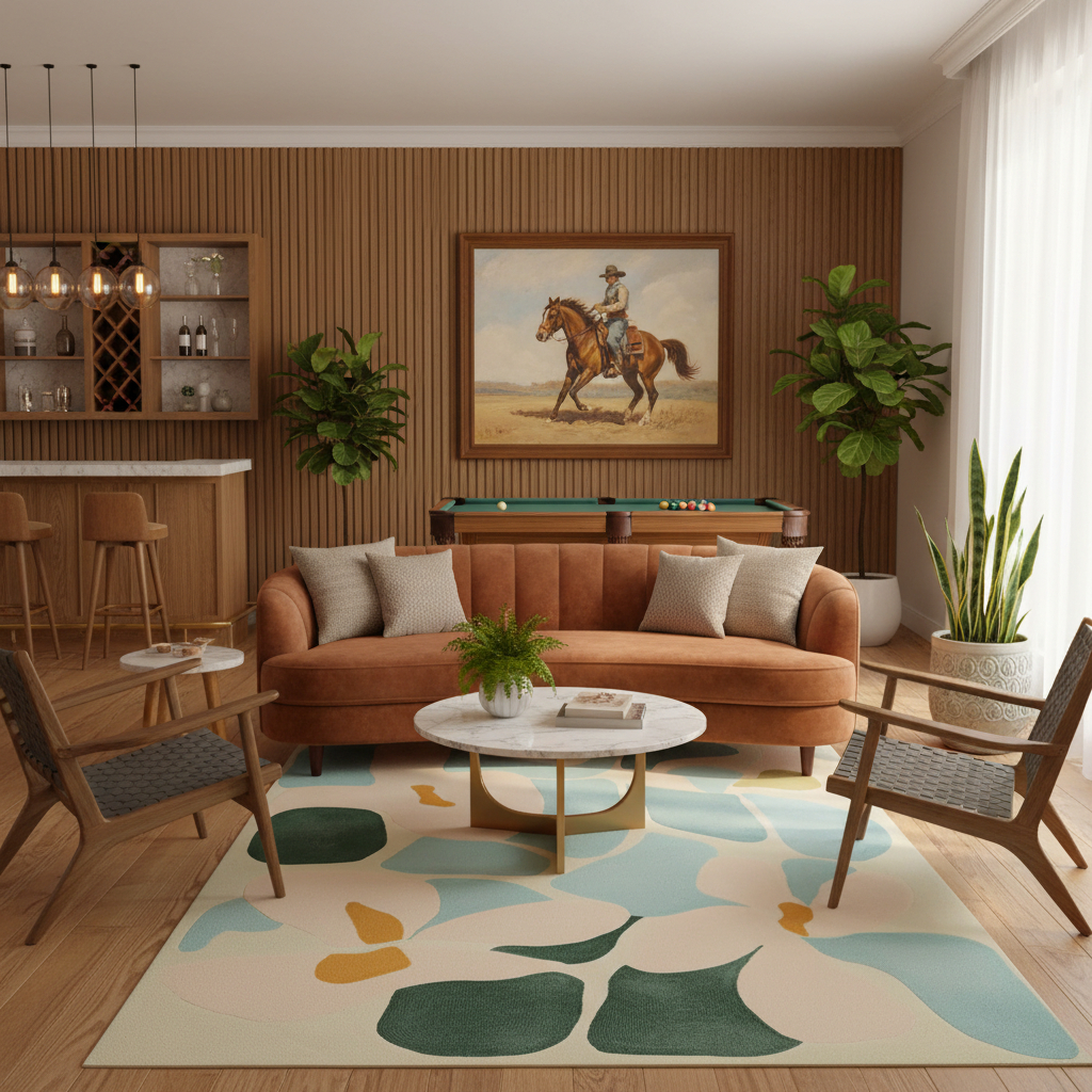 A styled living room interior featuring a rust-brown sofa, a cream and blue abstract patterned area rug, a round white coffee table, two wooden armchairs, a wood-paneled wall, and a framed painting of a horse rider hanging above a pool table.