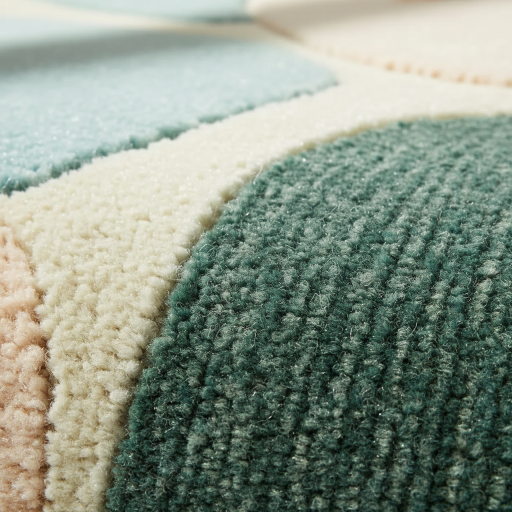 Close-up of a plush textured rug with curved stripes in teal, cream, sage green, and pale blush pink.